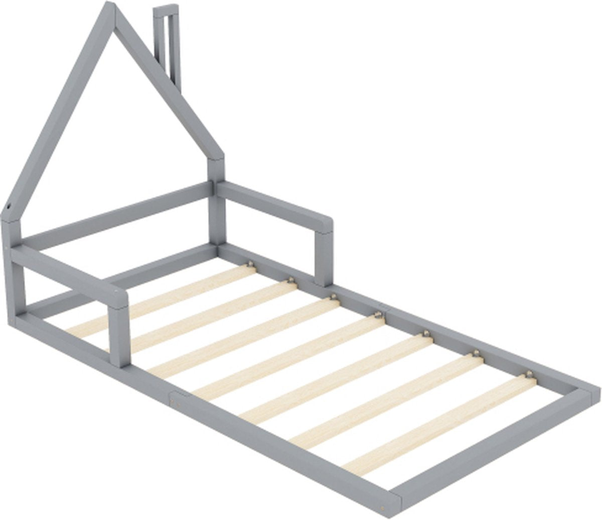 Kinderbed - Plat Bed - Huisvorm - Massief Grenen - Eenvoudige Vorm - 90*200 cm - Grijs