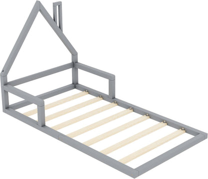 Kinderbed - Plat Bed - Huisvorm - Massief Grenen - Eenvoudige Vorm - 90*200 cm - Grijs