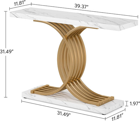 Modern Console Tafel - Dressoirtafel - met Geometrische Metalen Poten - Bijzettafel - Nep-Marmer en Metaal - Wit en Goud - 30 x 100 x 80 cm