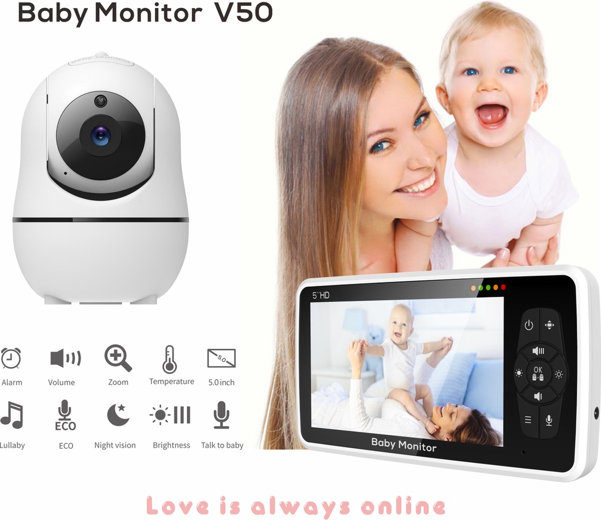 Baby Monitor - Temperature Sensor - Nightlight - Remote Control - Music - 5 Inch - Screen - Video - Baby Monitor With Camera And Audio - 4X Zoom - 22Hrs Battery Life - 1000ft - Range - 2-Way - Audio - Power Saving - Intercom