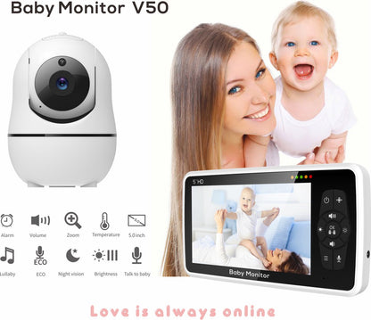 Baby Monitor - Temperature Sensor - Nightlight - Remote Control - Music - 5 Inch - Screen - Video - Baby Monitor With Camera And Audio - 4X Zoom - 22Hrs Battery Life - 1000ft - Range - 2-Way - Audio - Power Saving - Intercom