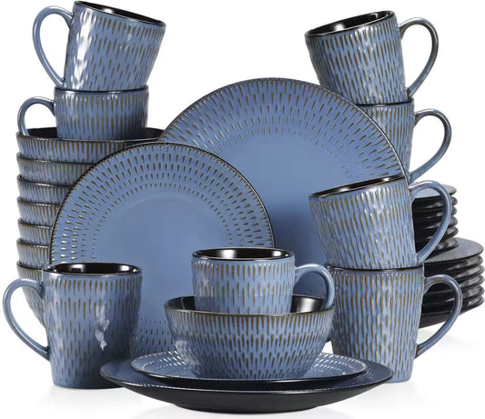 Serviesset Blauw - Keramisch - 8 borden groot - 8 borden klein - 8 kommen - 8 kopjes - 32 delig - Relief - Blauw