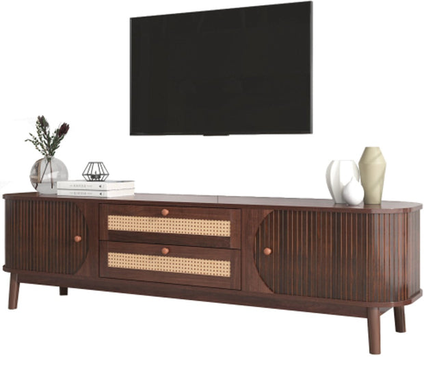 TV-Meubel - van Natuurlijke Houtmix - met Deuren en Lades - TV-Meubel met Rotan Zijkanten - Opbergoplossing - Natuurlijke - Landhuisstijl