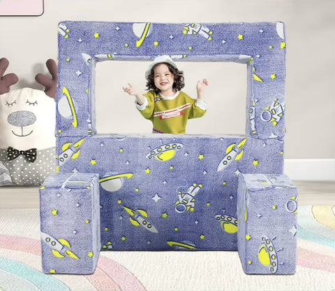 Kinder speelbank - Modulaire Speelbank - Kinderzetel - Wasbaar - Schuimkussen - Hutten bouwen - Fleece - Space thema