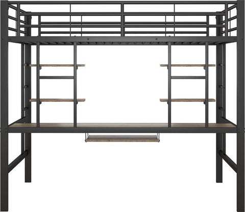 Kinderbed - Zonder Matras - Zonder Stoel - Metalen Bedframe met Bureau en Twee Boekenplanken - Geschikt voor Kinderen - Tieners en Volwassenen - 140x200 cm - Zwart
