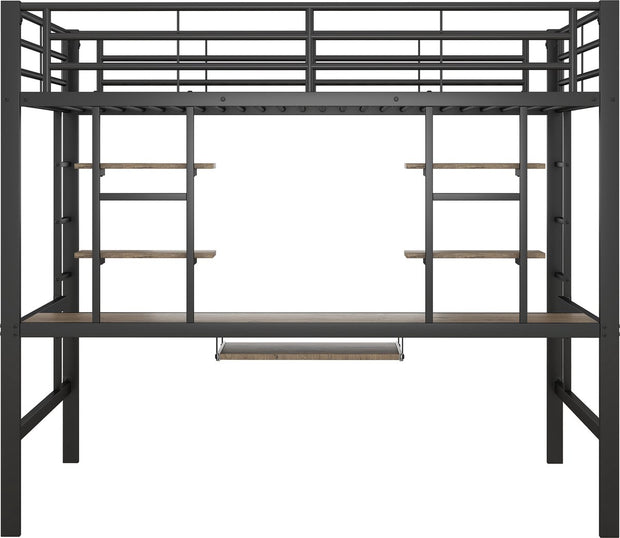 Kinderbed - Zonder Matras - Zonder Stoel - Metalen Bedframe met Bureau en Twee Boekenplanken - Geschikt voor Kinderen - Tieners en Volwassenen - 140x200 cm - Zwart