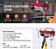 Elektrische Takel Pro6 - Robuuste Hijskraan - Industriële Lier - 1.1Nm - Staalkabel - Tot 250kg - Afstandsbediening - Veilig en Multifunctioneel - Incl. ophanging