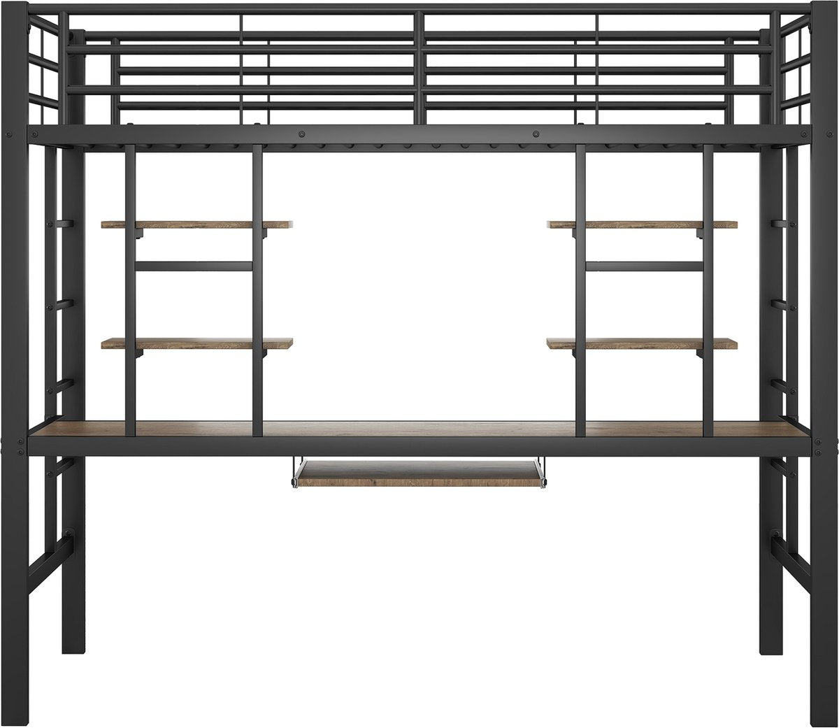 Kinderbed - Zonder Matras - Zonder Stoel - Metalen Bedframe met Bureau en Twee Boekenplanken - Geschikt voor Kinderen - Tieners en Volwassenen - 90x200 cm - Zwart