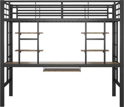 Kinderbed - Zonder Matras - Zonder Stoel - Metalen Bedframe met Bureau en Twee Boekenplanken - Geschikt voor Kinderen - Tieners en Volwassenen - 90x200 cm - Zwart