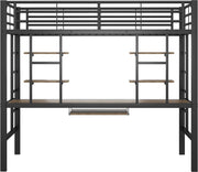 Kinderbed - Zonder Matras - Zonder Stoel - Metalen Bedframe met Bureau en Twee Boekenplanken - Geschikt voor Kinderen - Tieners en Volwassenen - 90x200 cm - Zwart