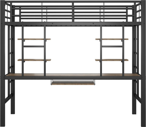 Kinderbed - Zonder Matras - Zonder Stoel - Metalen Bedframe met Bureau en Twee Boekenplanken - Geschikt voor Kinderen - Tieners en Volwassenen - 90x200 cm - Zwart