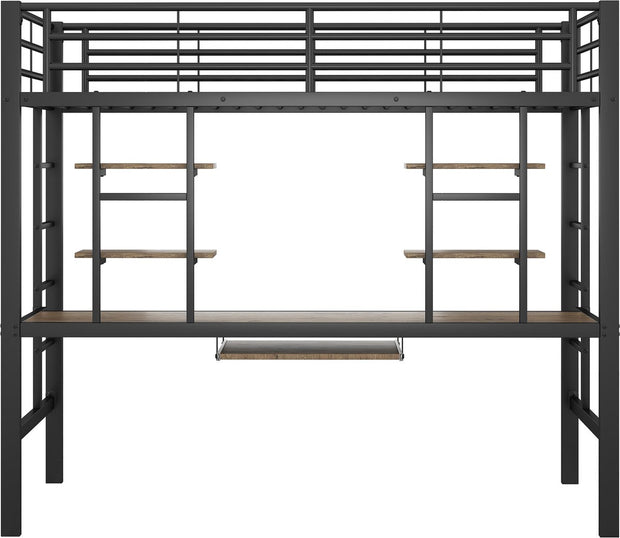 Kinderbed - Zonder Matras - Zonder Stoel - Metalen Bedframe met Bureau en Twee Boekenplanken - Geschikt voor Kinderen - Tieners en Volwassenen - 90x200 cm - Zwart