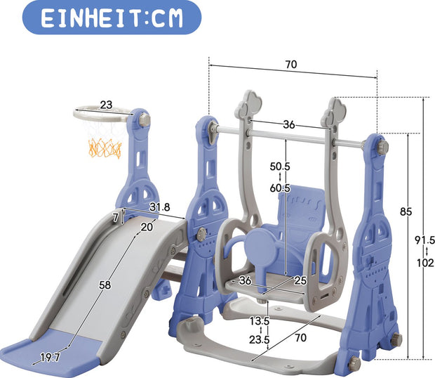 Glijbaan voor kinderen - 4 in 1 kinderglijbaan, schommel met basketbalstandaard, klimladder, schommel, tuinglijbaan voor binnen en buiten