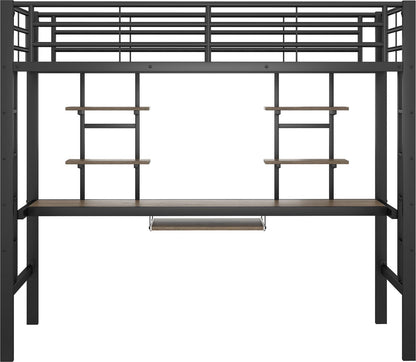 Kinderbed - Zonder Matras - Zonder Stoel - Metalen Bedframe met Bureau en Twee Boekenplanken - Geschikt voor Kinderen - Tieners en Volwassenen - 90x200 cm - Zwart