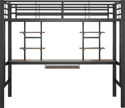 Kinderbed - Zonder Matras - Zonder Stoel - Metalen Bedframe met Bureau en Twee Boekenplanken - Geschikt voor Kinderen - Tieners en Volwassenen - 90x200 cm - Zwart
