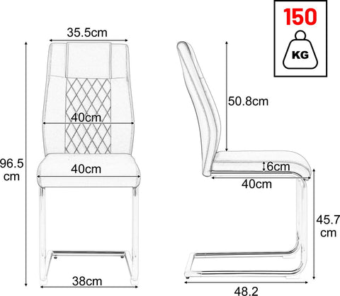 Eetkamerstoel Set van 4 - Grijs - Met Ruitpatroon op de Rugleuning - Verchroomd Metalen Frame - Belastbaar tot 150 kg - Kunstlederen Bekleding