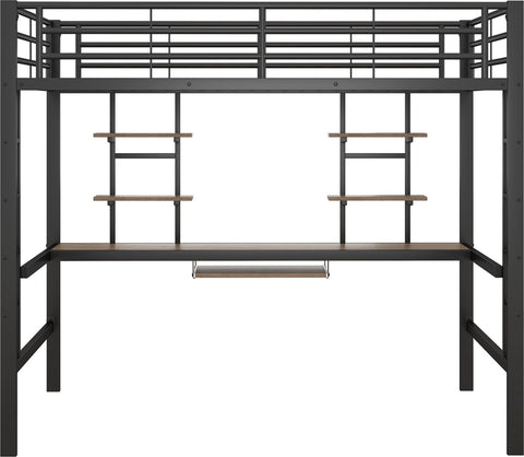 Kinderbed - Zonder Matras - Zonder Stoel - Metalen Bedframe met Bureau en Twee Boekenplanken - Geschikt voor Kinderen - Tieners en Volwassenen - 140x200 cm - Zwart