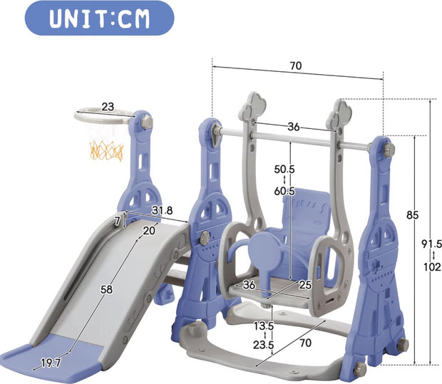 Kinder Speeltoestel - Schommel - Glijbaan - Basketbal - trap - 4 in 1 - Binnen - Buiten - Blauw - 140cm