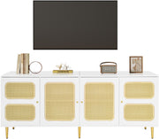Elegant White Rattan - TV Cabinet - 180x40x72cm - met 4 Rotan Deuren - in Hoogte Verstelbare Planken - en Kabelbeheer - voor Maximaal 80 inch Televisies - Tv-Kasten - Lowboards