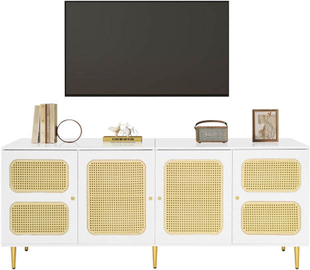 Elegant White Rattan - TV Cabinet - 180x40x72cm - met 4 Rotan Deuren - in Hoogte Verstelbare Planken - en Kabelbeheer - voor Maximaal 80 inch Televisies - Tv-Kasten - Lowboards