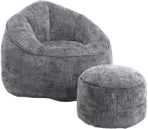 Zitzak met Voetensteun - Loungestoel met Hoge Druk Schuimvulling - Beanbag Ergonomisch Ontwerp - Chenille Stof – 89x88x76 cm - Grijs