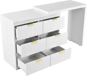 Kaptafel, Wit (Zonder spiegel en kruk), met 6 Laden, Vergulde Handgrepen, draaibaar tafelblad (180°), gelakt, bloemmotief, schokbestendig afgeronde hoeken