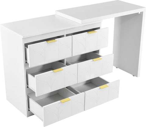 Kaptafel, Wit (Zonder spiegel en kruk), met 6 Laden, Vergulde Handgrepen, draaibaar tafelblad (180°), gelakt, bloemmotief, schokbestendig afgeronde hoeken