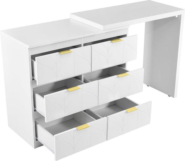Kaptafel, Wit (Zonder spiegel en kruk), met 6 Laden, Vergulde Handgrepen, draaibaar tafelblad (180°), gelakt, bloemmotief, schokbestendig afgeronde hoeken