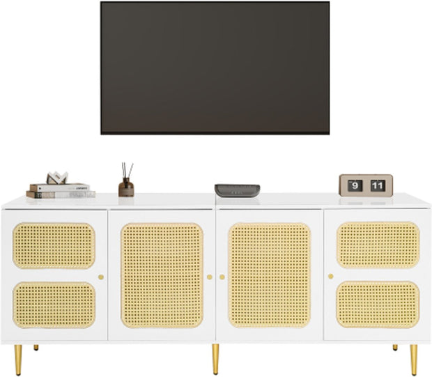 Elegant White Rattan - TV Cabinet - 180x40x72cm - met 4 Rotan Deuren - in Hoogte Verstelbare Planken - en Kabelbeheer - voor Maximaal 80 inch Televisies - Tv-Kasten - Lowboards