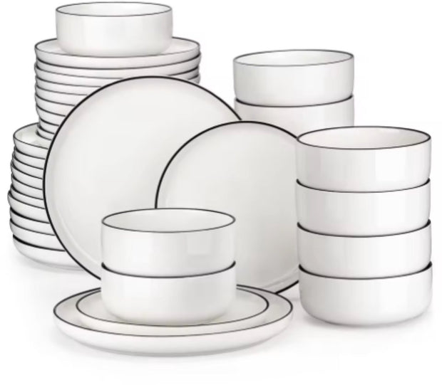 Serviesset – 12 persoons – 36 delig – Wit met zwarte rand Keramisch – Dinerborden – Ontbijtborden