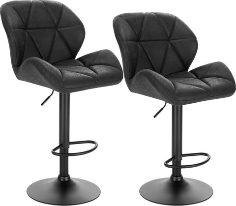 Set van 2 Zwart Leren Barkrukken – Verstelbare Barstoelen met Rugleuning – Gaslift Krukken voor Keuken of Bar – Zwart Metalen Onderstel – Zithoogte 60-82 cm