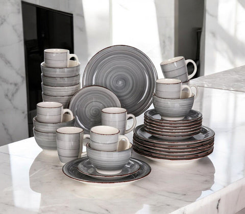 Luxe Serviesset - 32-Delig - 8 Persoons - Keramiek - Bordenset - Dinner Platen - Dessertborden - Kommen - Mokken - Schaaltjes - Grijs