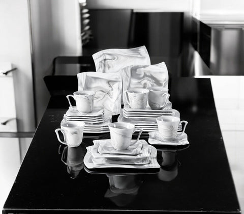 Luxe Serviesset - 30-Delig - 6 Persoons - Keramiek - Bordenset - Dinner Platen - Dessertborden - Kommen - Mokken - Schaaltjes - Grijs