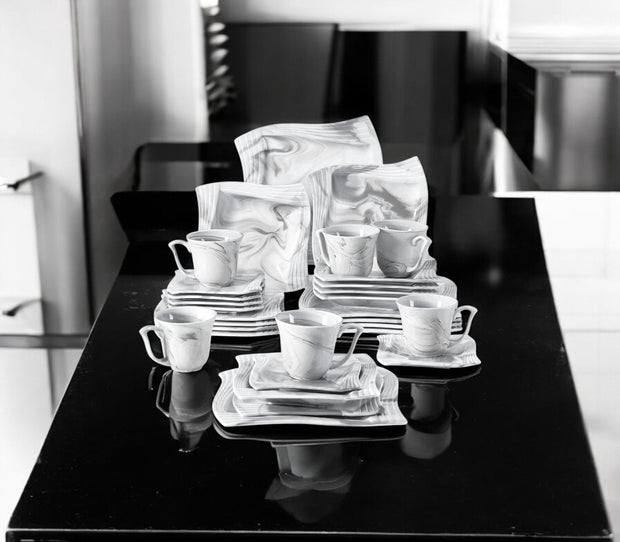 Luxe Serviesset - 30-Delig - 6 Persoons - Keramiek - Bordenset - Dinner Platen - Dessertborden - Kommen - Mokken - Schaaltjes - Grijs