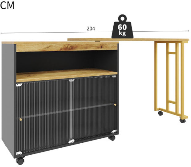 Uitschuifbare Bartafel met Opbergruimte - Moderne Verplaatsbare Bartafel - Telescopische Bartafel met LED - Bartafel - Bistrotafel - Hoge Tafel - Kookeiland - Bistrotafel - (138-204×39×105cm) - Zwart & Goud