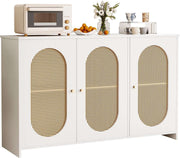 Gutent Sideboard, White, with 3 Doors, Lots of Storage Space, Artificial Rattan Doors and Metal Handles, is an accent piece in the dining room, living room and kitchen.