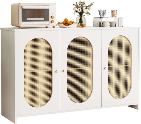 Gutent Sideboard, White, with 3 Doors, Lots of Storage Space, Artificial Rattan Doors and Metal Handles, is an accent piece in the dining room, living room and kitchen.