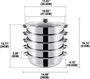 Professionele Stoompan - 5 lagen - Stoomkoker - Ø30cm - Topkwaliteit - RVS - Glazen deksel - Inductie Gas Elektrisch