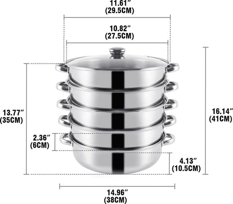 Professionele Stoompan - 5 lagen - Stoomkoker - Ø30cm - Topkwaliteit - RVS - Glazen deksel - Inductie Gas Elektrisch