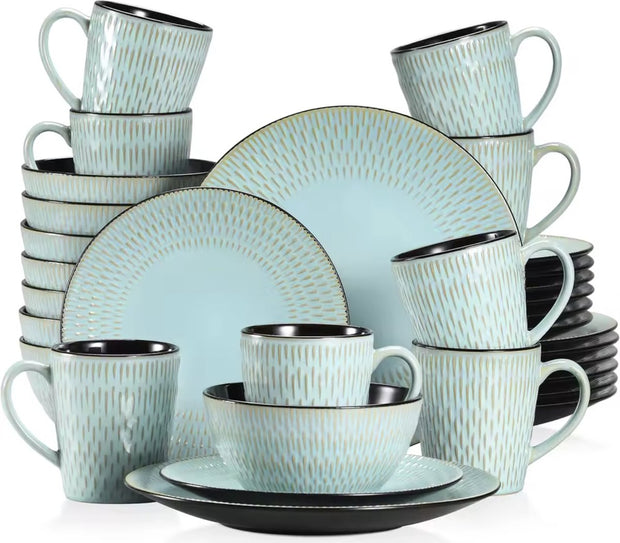 Dinnerware set green - Ceramic - 8 large plates - 8 small plates - 8 bowls - 8 cups - 32 pieces - Relief - Green