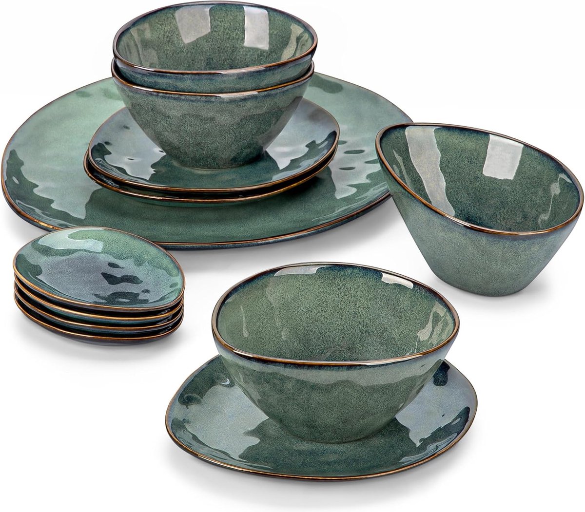Luxe Serviesset – 11 delig – Porselein - Bordenset – Dinner platen – Dessertborden - Kommen - Schaaltjes - Groen