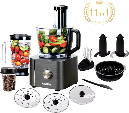 Keukenmachine - Alles in 1 keukenmachine - Multifunctionele keukenmachine - Vleesmolen - Garde - Kneder - Shredder - Sinaasappelpers - Hakselaar - Blender - 1100W - Donkergrijs