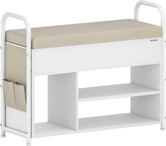 Schoenenbank met zitvlak - schoenenrek - zitbank met opbergruimte onder het deksel - PU-organizer - handgrepen - voor hal - woonkamer - slaapkamer - wolkenwit + cappuccinobeige