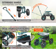 Tuinkar - Verrijdbaar - Tot 140 kg - Hoogte Verstelbaar - 360gr Draaibaar - Robuust Staal - 4 Zware Luchtbanden - Uitschuifbare Stuurstang - Tuinwagen - Tuinkruk - Kruiwagen