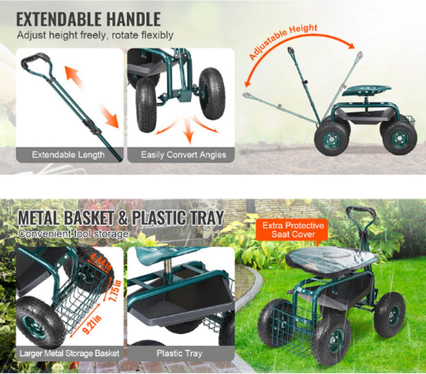 Tuinkar - Verrijdbaar - Tot 140 kg - Hoogte Verstelbaar - 360gr Draaibaar - Robuust Staal - 4 Zware Luchtbanden - Uitschuifbare Stuurstang - Tuinwagen - Tuinkruk - Kruiwagen