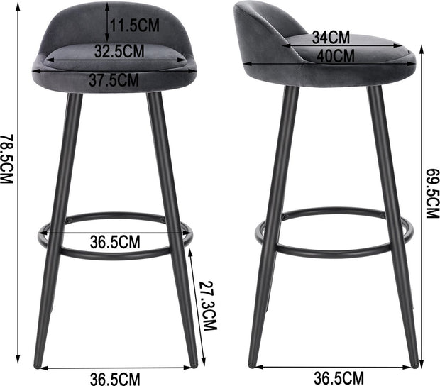 Barkruk – Barkrukken Set van 2 – Barkruk met Rugleuning – Bar Stool –Zitvlak Fluweel- Barkrukken met Voetensteun – Zithoogte 69,5 cm - Donkergrijs Fluweel