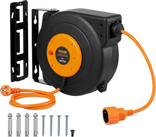 Kabelhaspel - Wandmontage Verlengkabel - Automatische Uitbreiding - Montagemogelijkheden Muur of Plafond - 15m - 1000W - Spanning AC 220V - Max. Temperatuurschakelaar 56℃ - Zwart