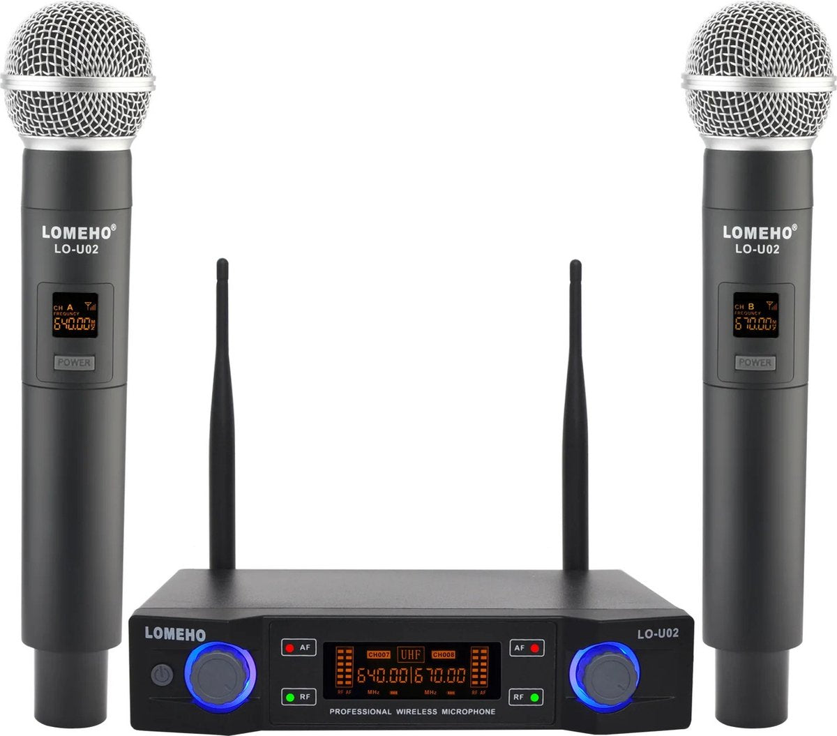 Microphone set of 2 - Karaoke - Children - Adults - Adjustable Frequency - 625.00-655.00MHz - Up to about 30m - Power adapter - Receiver - Receiver - Antennas - Black - LCD screen