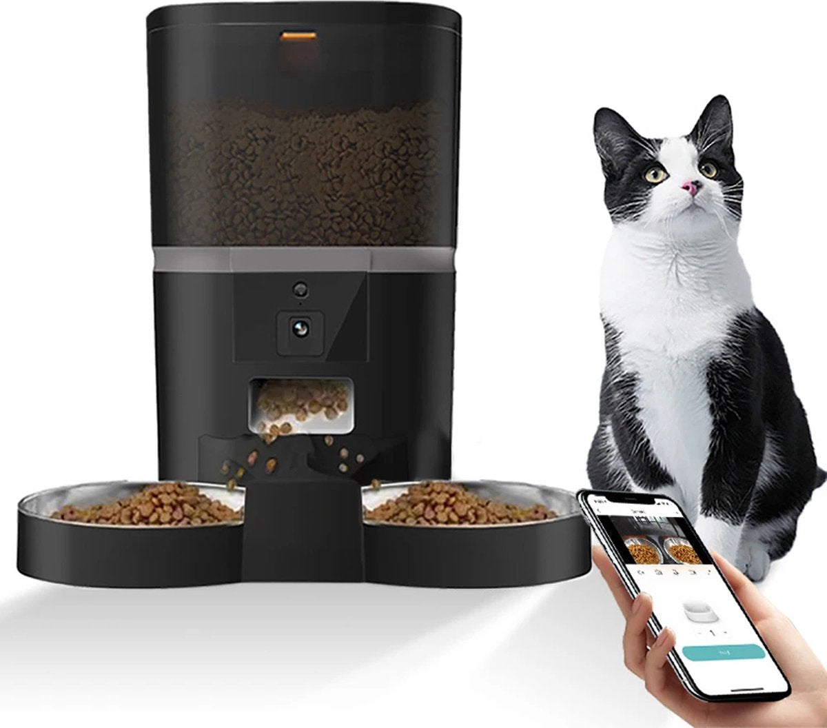 Kattenvoerbak - Zwart - Dubbele Bak - Automatische Kattenvoerbak - Wifi - Kat - Katten - Voerbak - Droogvoer
