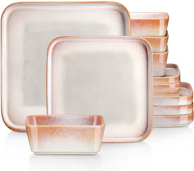 Dinnerware set white/orange - Ceramic - Square - Nevel - 4 large plates - 4 small plates - 4 bowls - 12 pieces - White - Orange
